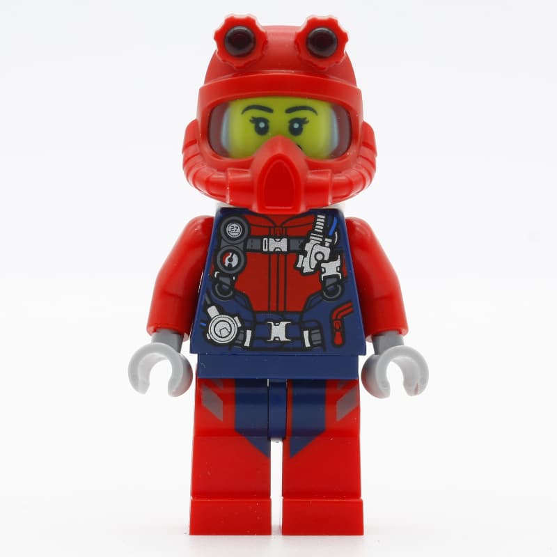 Diver, Woman, Red and Dark Blue Wetsuit with Straps and Gauges, Red Diving Helmet, Airtanks, Open Mouth