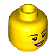 Minifig Head Parker L. Jackson, Freckles, Coral Lips, Open Mouth Smile / Lowered Left Eyebrow, Grumpy Frown Print — Yellow
