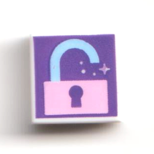 Tile 1 x 1 with Bright Pink/Medium Azure Open Lock on Dark Purple Background print — White