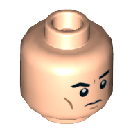 Minifig Head Tom Riddle / Bruce Wayne, Dark Orange Cheek Lines, Frown Raised Left Eyebrow / Angry with Open Mouth Print — Light Nougat