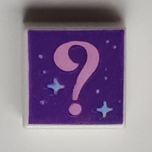 Tile 1 x 1 with Bright Pink '?' Question Mark, Dark Purple Background print — White