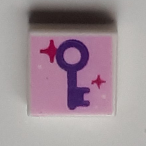 Tile 1 x 1 with Dark Purple Key, Magenta Stars, Bright Pink Background print — White
