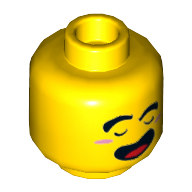 Minifig Head Monkie Kid, Closed Eyes with Markings Under Eyes and Open Mouth Smile / Angry Showing Teeth Print — Yellow