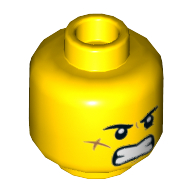 Minifig Head Jack Davids / Bolobo, Eyebrows, Scar on Cheek, Smile with Teeth / Angry with Teeth Print — Yellow