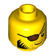 Minifig Head Clutch Powers, Reddish Brown Eyepatch, Black Hair, Stubble Beard — Yellow