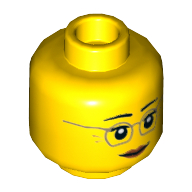 Minifig Head Misako / Grandmother, Dark Tan Glasses, Dark Orange Lips, Neutral / Raised Eyebrows Amused Print — Yellow