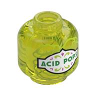 Minifig Head (No Face), Bottle / Jar, Green 'ACID POPS' Print — Trans-Yellow