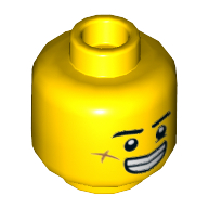 Minifig Head Jack Davids, Eyebrows, Scar on Cheek, Smile with Teeth / Grumpy Print — Yellow