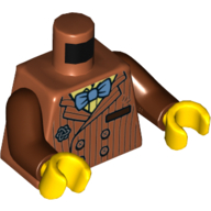 Torso Jacket with Pinstripes, Broche, Medium Blue Bow Tie, Buttons, Yellow Shirt Print, Reddish Brown Arms, Yellow Hands — Dark Orange
