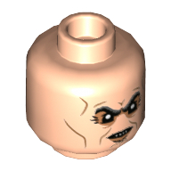 Minifig Head Griphook, Dark Bluish Gray Eyebrows, Nougat Lines and Eye Shadows, Smirk / Scowl with Fangs Print — Light Nougat