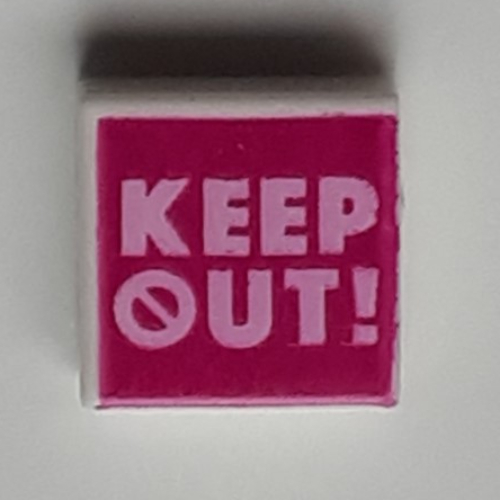 Tile 1 x 1 with Bright Pink 'KEEP OUT!' on Magenta Background print — White