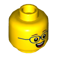 Minifig Head, Brown Eyebrows, Dark Blue Glasses, Open Mouth, teeth — Yellow
