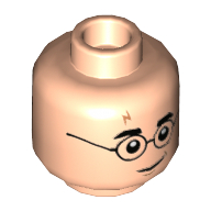Minifig Head Harry Potter, Thin Glasses, Lightning Scar, Smirk / Angry Print — Light Nougat
