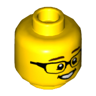 Minifig Head, Dark Brown Eyebrows, Glasses, Open Mouth Smile with Teeth Print — Yellow