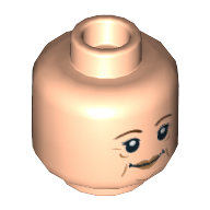Minifig Head, Reddish Brown Eyebrows, Medium Nougat Lips, Age Lines, Grin / Smile with Raised Eyebrow Print — Light Nougat