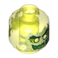 Minifig Head Ghost, with Yellowish Green Face, Glass Eye, Evil Grin, Flames in Back Print — Trans-Neon Green