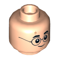 Minifig Head Harry Potter, Glasses, Eyebrows, Dark Orange Lightning Scar, Grin / Scared Print — Light Nougat