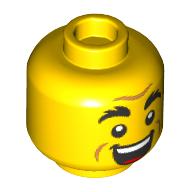 Minifig Head, Thick Black Eyebrows, Raised Eyebrow Questioning/Open Mouth Smile/Joy print — Yellow