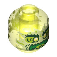 Minifig Head Ghost Dwayne, Yellowish Green Face, Bushy Eyebrows, Angry, Flames in Back — Trans-Neon Green