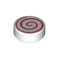 Tile Round 1 x 1 with Red Spiral Print — White