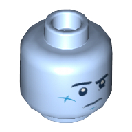 Minifig Head Jack Davids, Eyebrows, Scar on Cheek, Nervous / Puzzled Print — Bright Light Blue