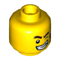 Minifig Head Douglas Elton (El Fuego), Winking Left Eye and Big Smile / Scared Print — Yellow