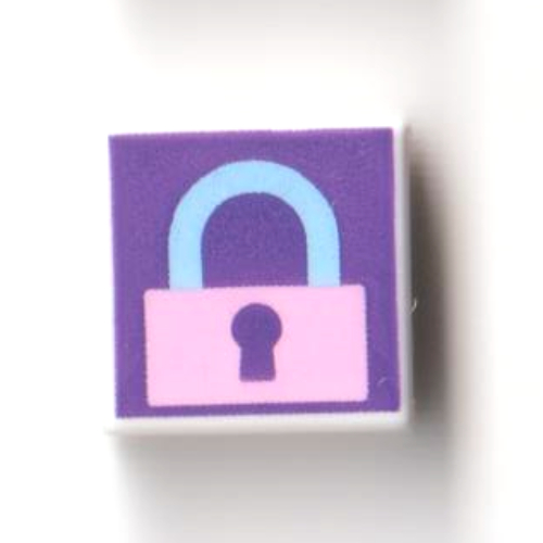 Tile 1 x 1 with Bright Pink/Medium Azure Closed Lock on Dark Purple Background print — White